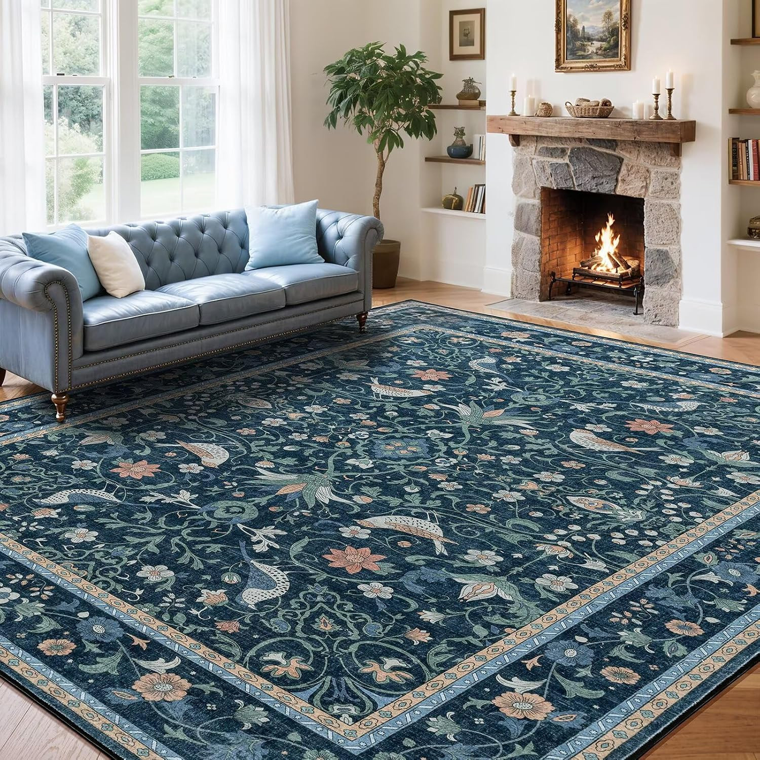 Blue Area Rugs for Living Room 8×10, Vintage Floral 8×10 Washable Rugs for Livin