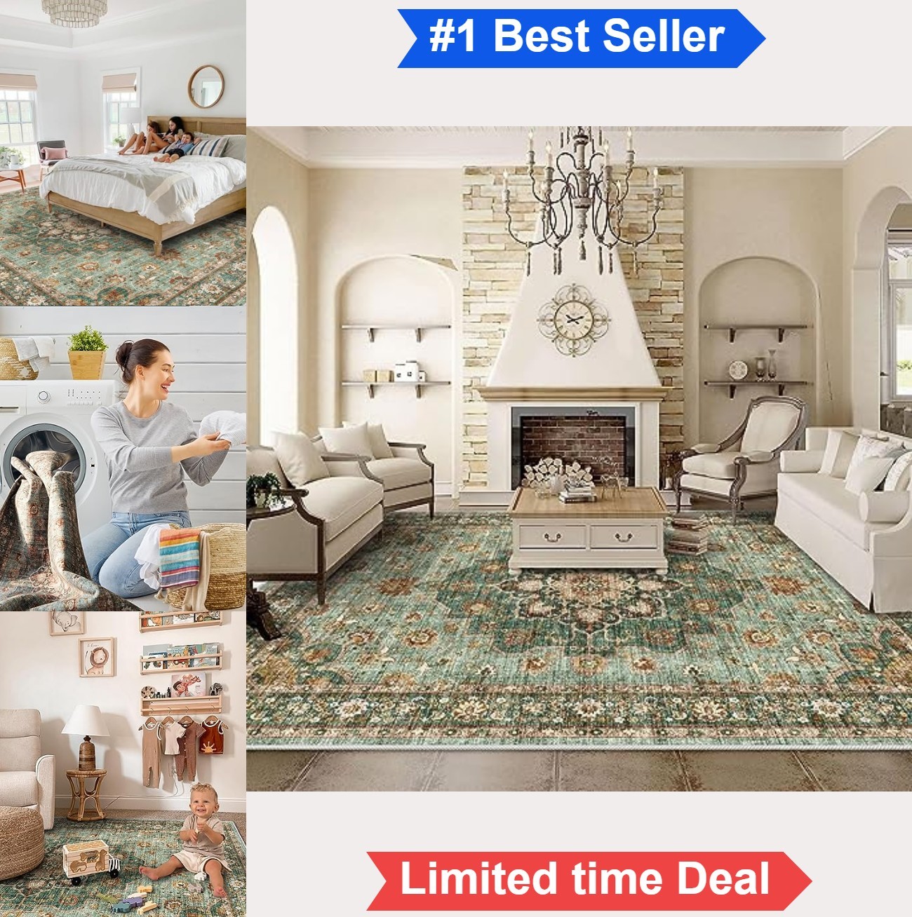 Washable Area Rug 10×12 Floral Distressed Stain Resistant Machine Wash Indoor