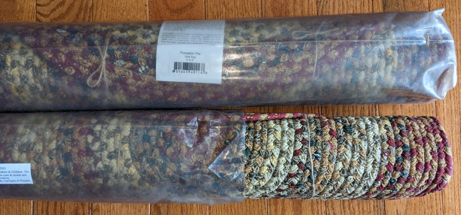 Homespice Decor Braided 2×3 Oval Rug, PAIR Pumpkin Pie Fabric NEW