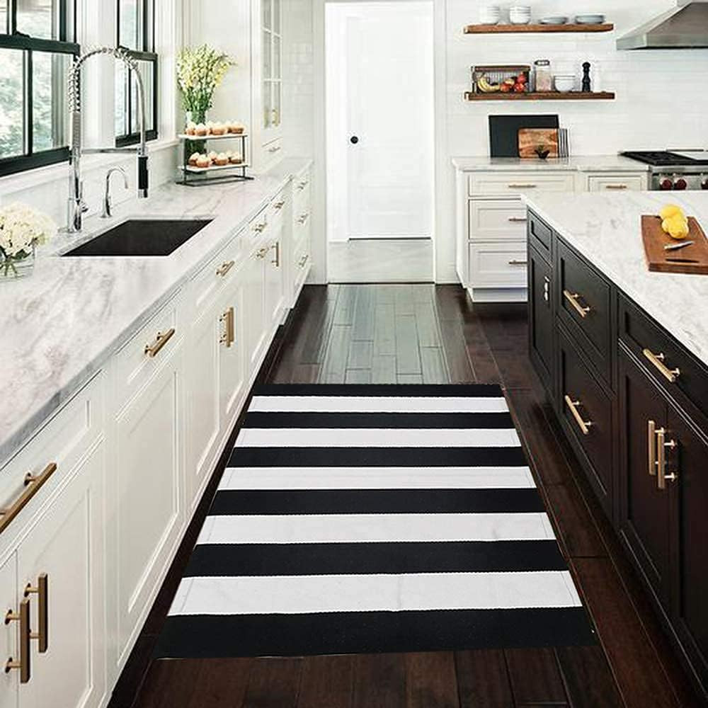 Black and White Striped Outdoor Rug 27.5X 43 Inches Front Door Mat Hand-Woven Co