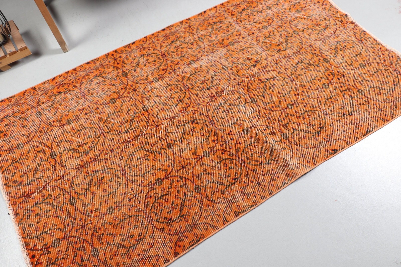 Vintage Rug 3,7×6,5 ft (114×198 cm), Orange Animal Print Turkish Rug