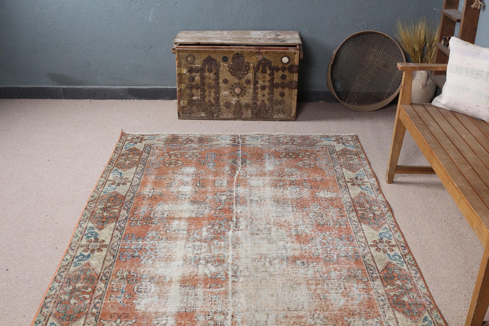 4,9×8,4 ft Large Turkish Rug, Orange Striped Vintage Rug
