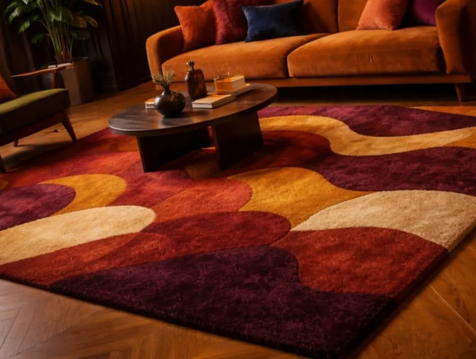 Mid Century Modern Patchwork Area Rug – Hand Tufted 70s Geometric Brunt Carpet.
