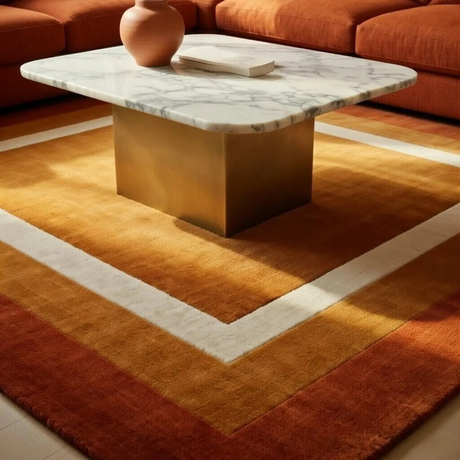 Hand Tufted Wool Area Rug Rust Orange Border Modern Geometric Living Room Carpet