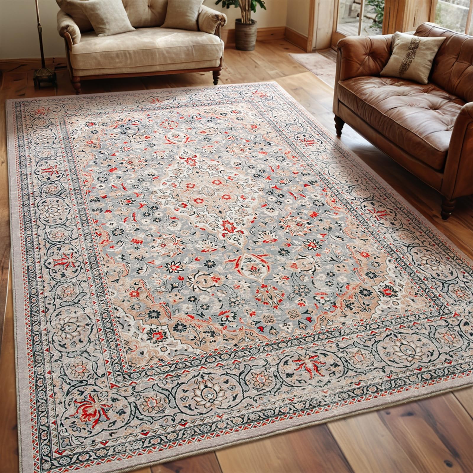 Goideal Washable Rug 4×6, Beige Area Rugs Non Slip, Indoor Low Pile Carpet wi…