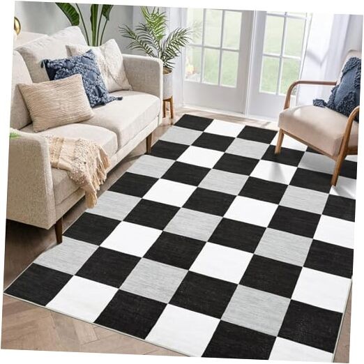 Buffalo Plaid Rug 9 x 12 Washable Rugs, White Grey & Black Checkered Rug,