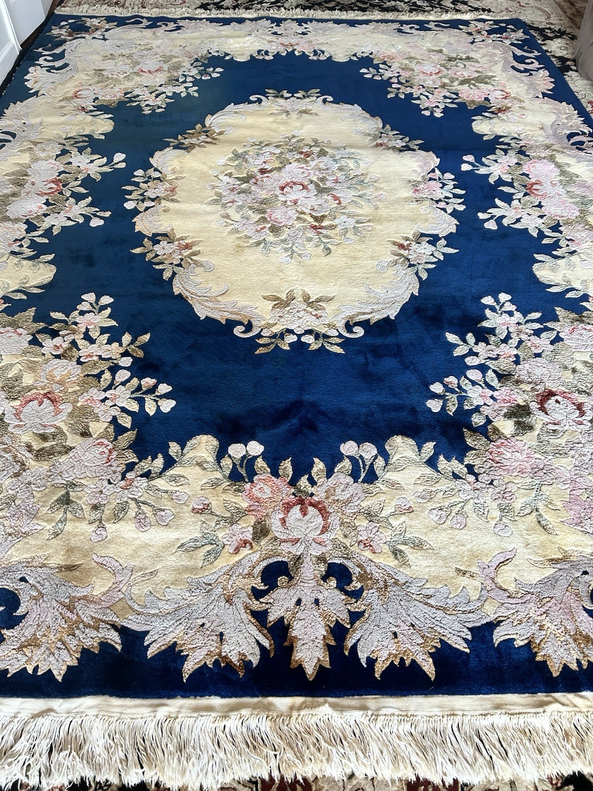 Chinese handmade Wool Traditional Floral Medallion Fringed Area Rug Blue 9×12.9