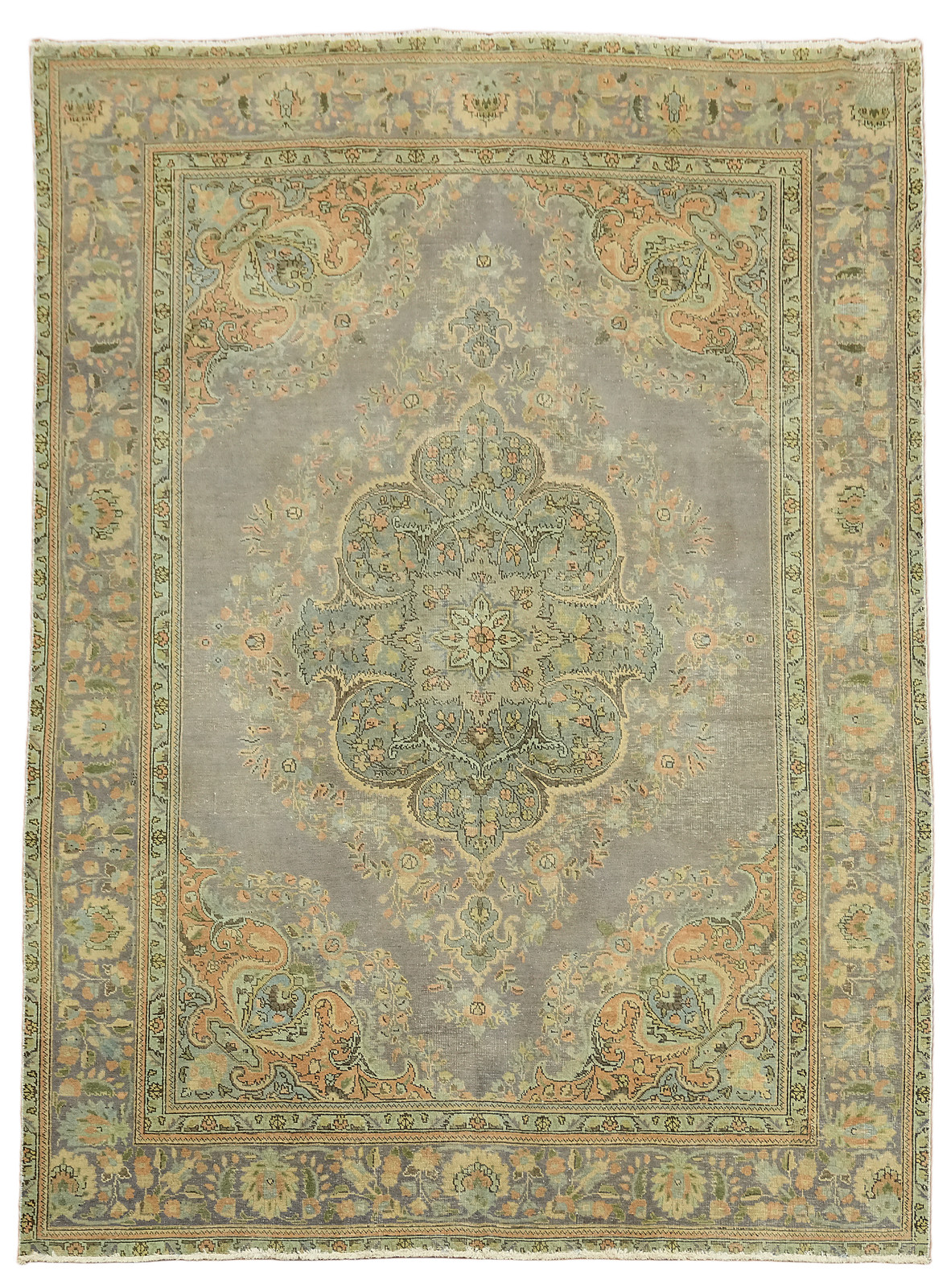 Vintage 8×11 Sage Green & Lilac Hand-Knotted Wool Distressed Geometric Area Rug