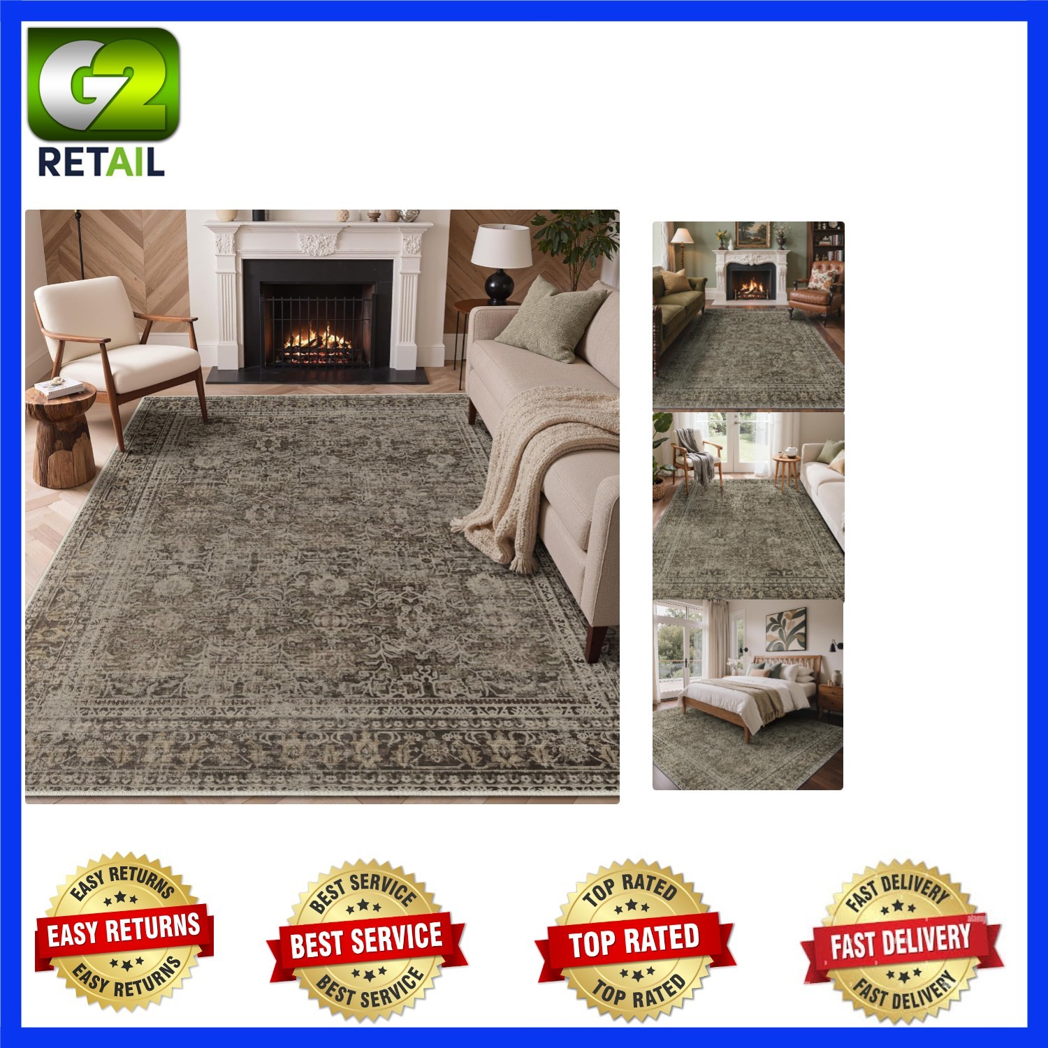 Stylish 5×7 Boho Area Rug in Vintage Sage Green – Machine Washable & Durable