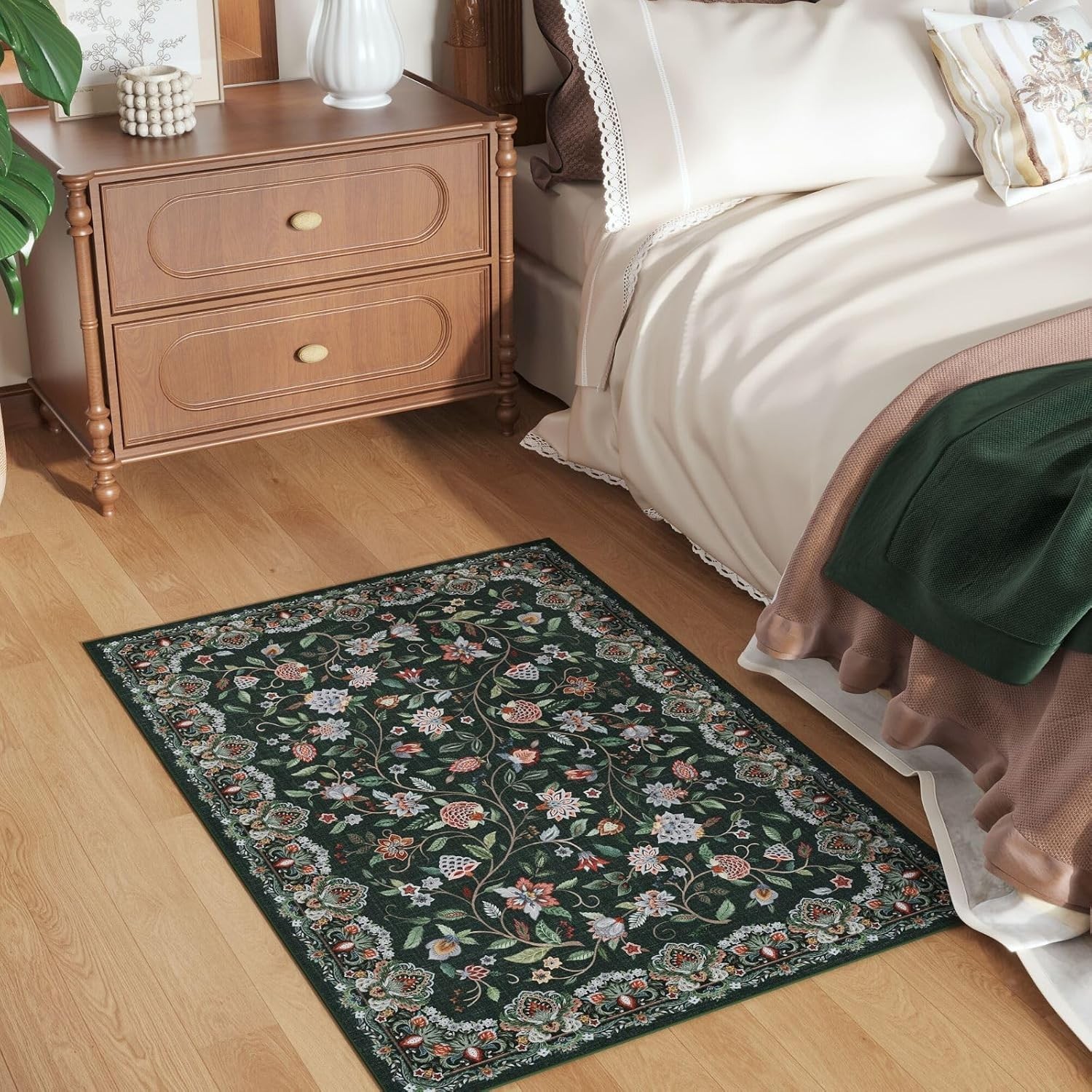 Strawberry Thief Area Rug Dark Green, Ultra Thin 3×5 Washable RugModern Abstract
