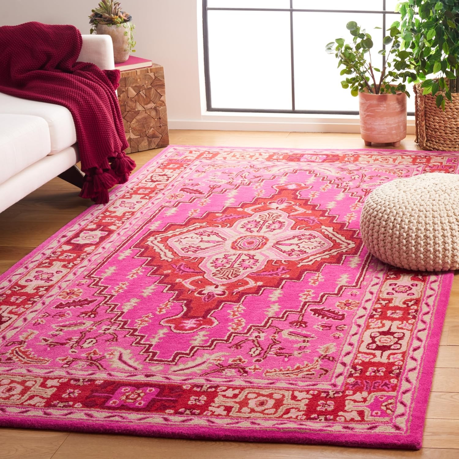 Bellagio Collection Area Rug – 5′ x 8′, Red & Pink, Handmade Medallion Wool,