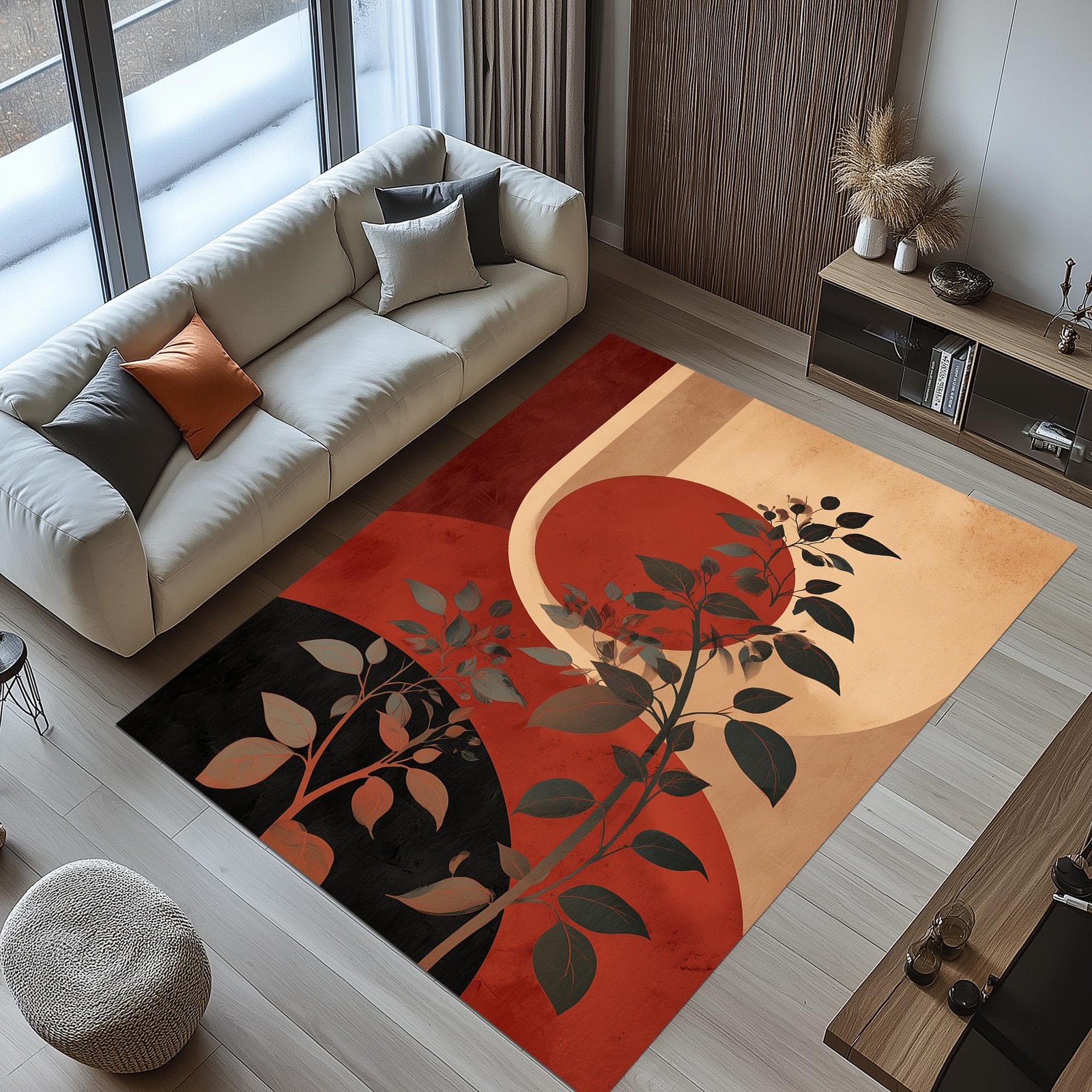 Retro Botanical Area Rug Terracotta Beige Plant Silhouette Modern Warm Decor