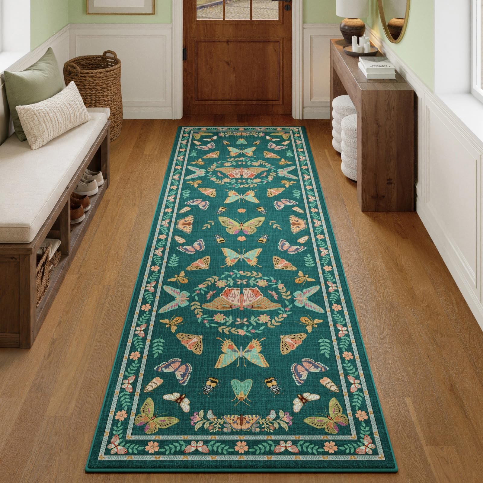2×6 Dark Blue Runner Rug, Washable Non Slip Insect Botanical Rug for Hallway,…