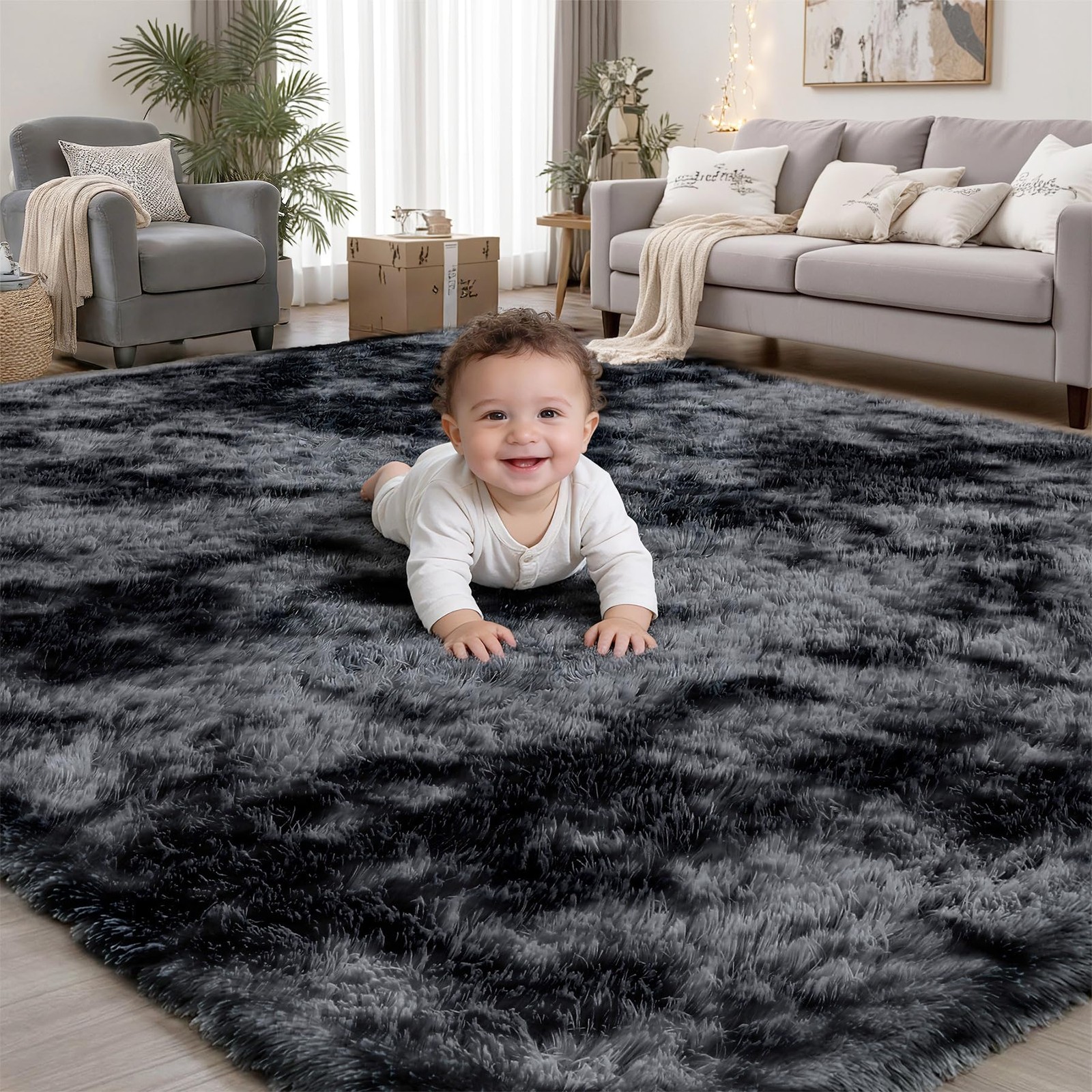 8×10 Area Rugs for Living Room Bedroom: Black Grey Soft Fluffy Shag Upgrade N