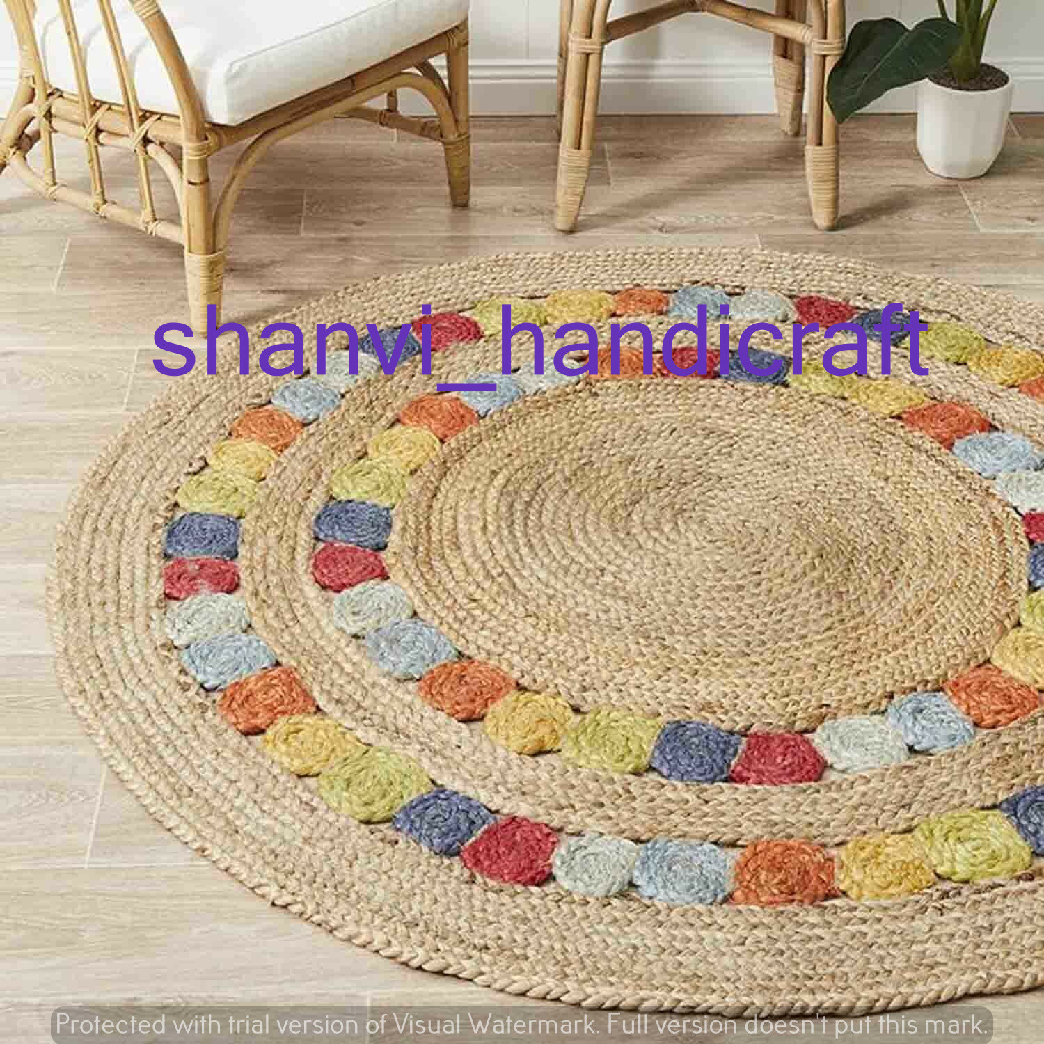 Natural Round Braided & Multi Colour Jute Mat Rugs Floor Shabby Chic Indian Mat