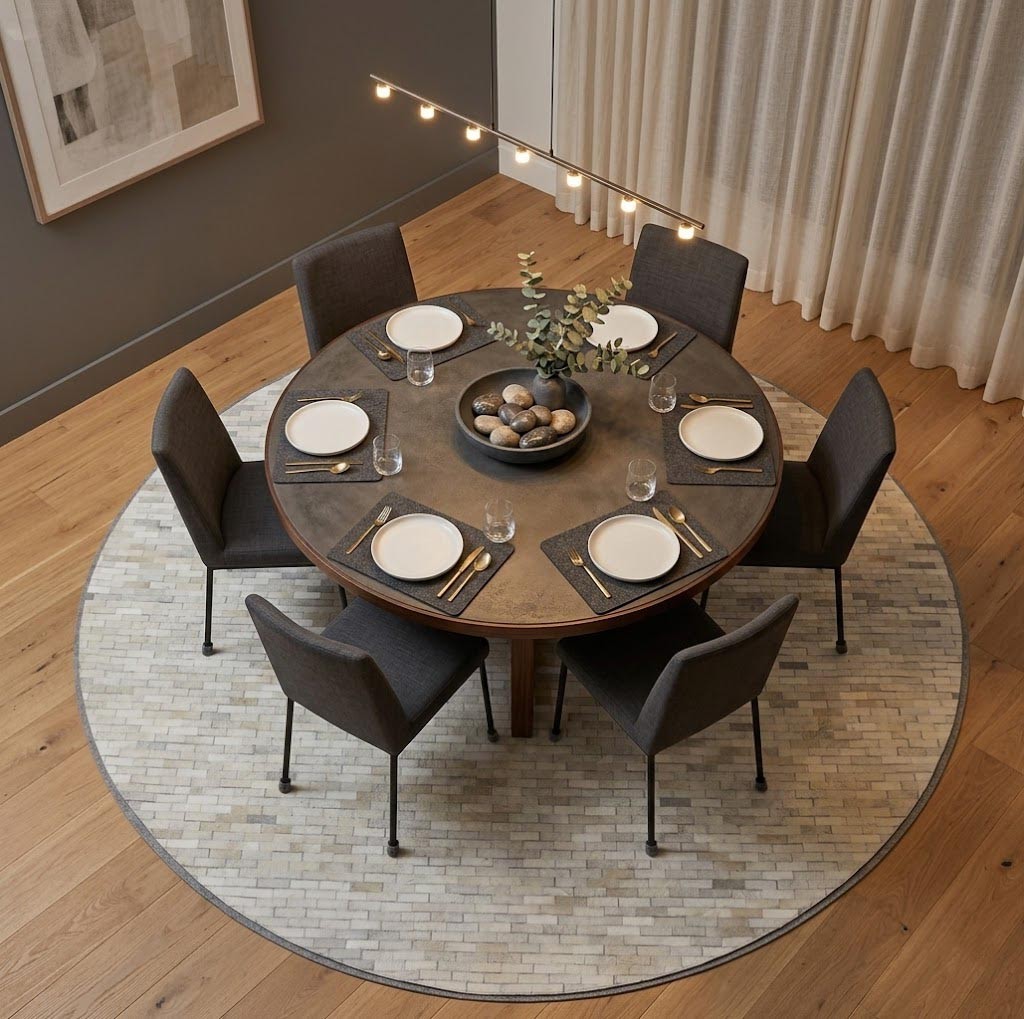 8X8 Hand-Crafted Beige and Brown Cowhide Leather Rug Round Modern Carpet