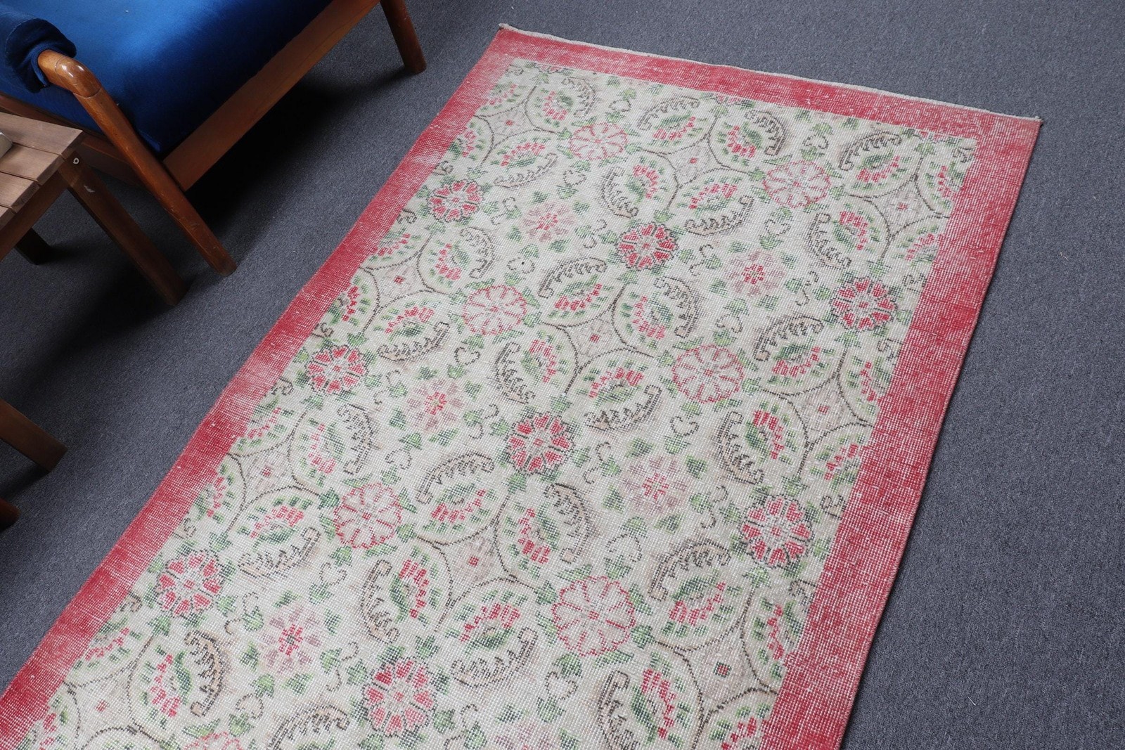 Vintage Rug, 3,7×6,7 ft Area Turkish Rug, Red Green Floral Rug