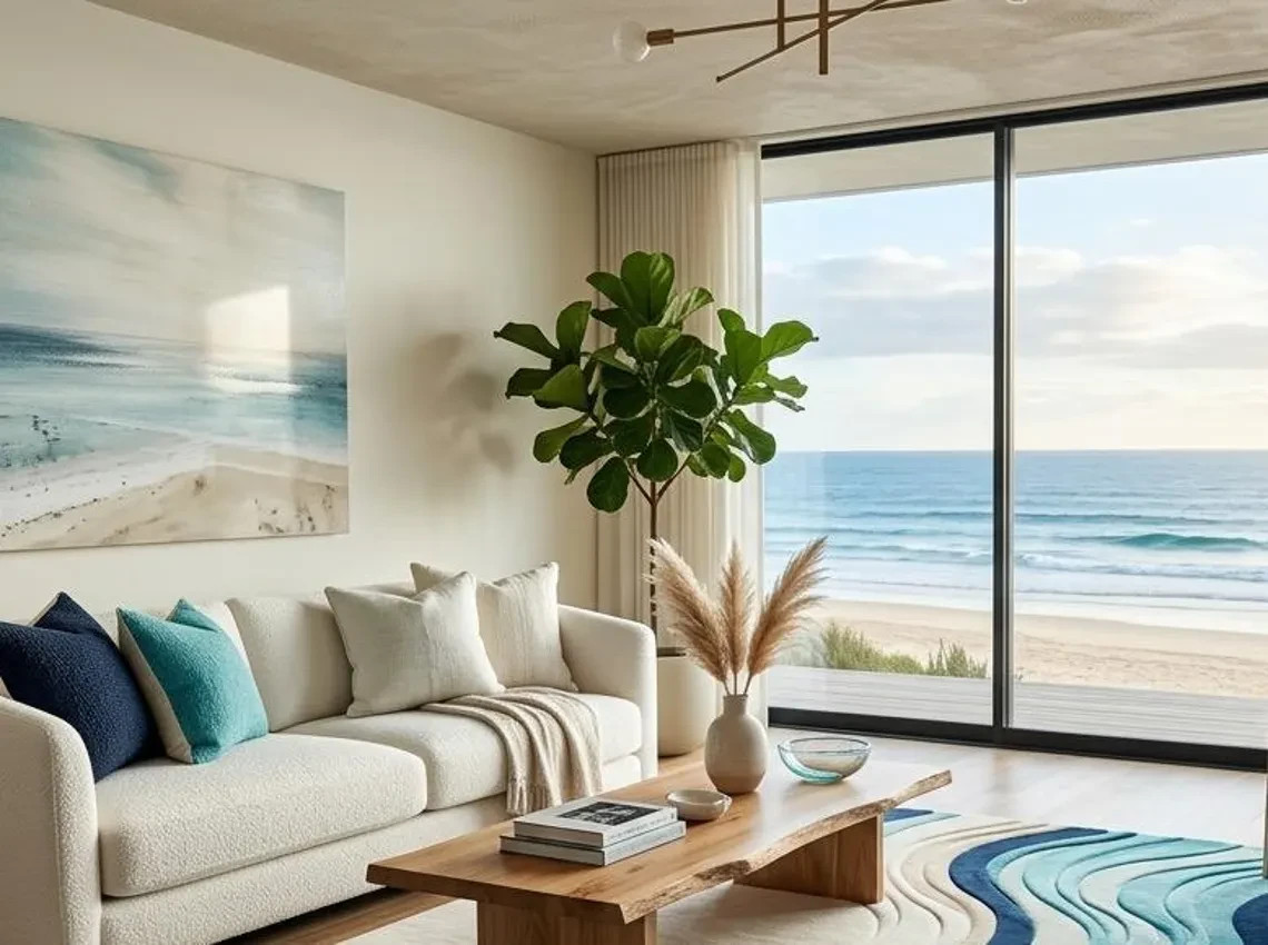 Ocean Wave Area Rug Coastal Modern Hand Tufted New Zealand Wool Blue Beige Rug
