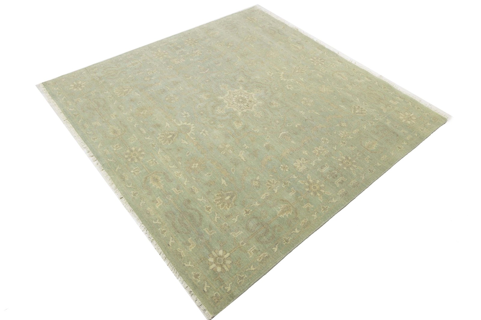 8×8 ft Handmade Floral Transitional Square Oriental Rug Muted Aqua Green Carpet