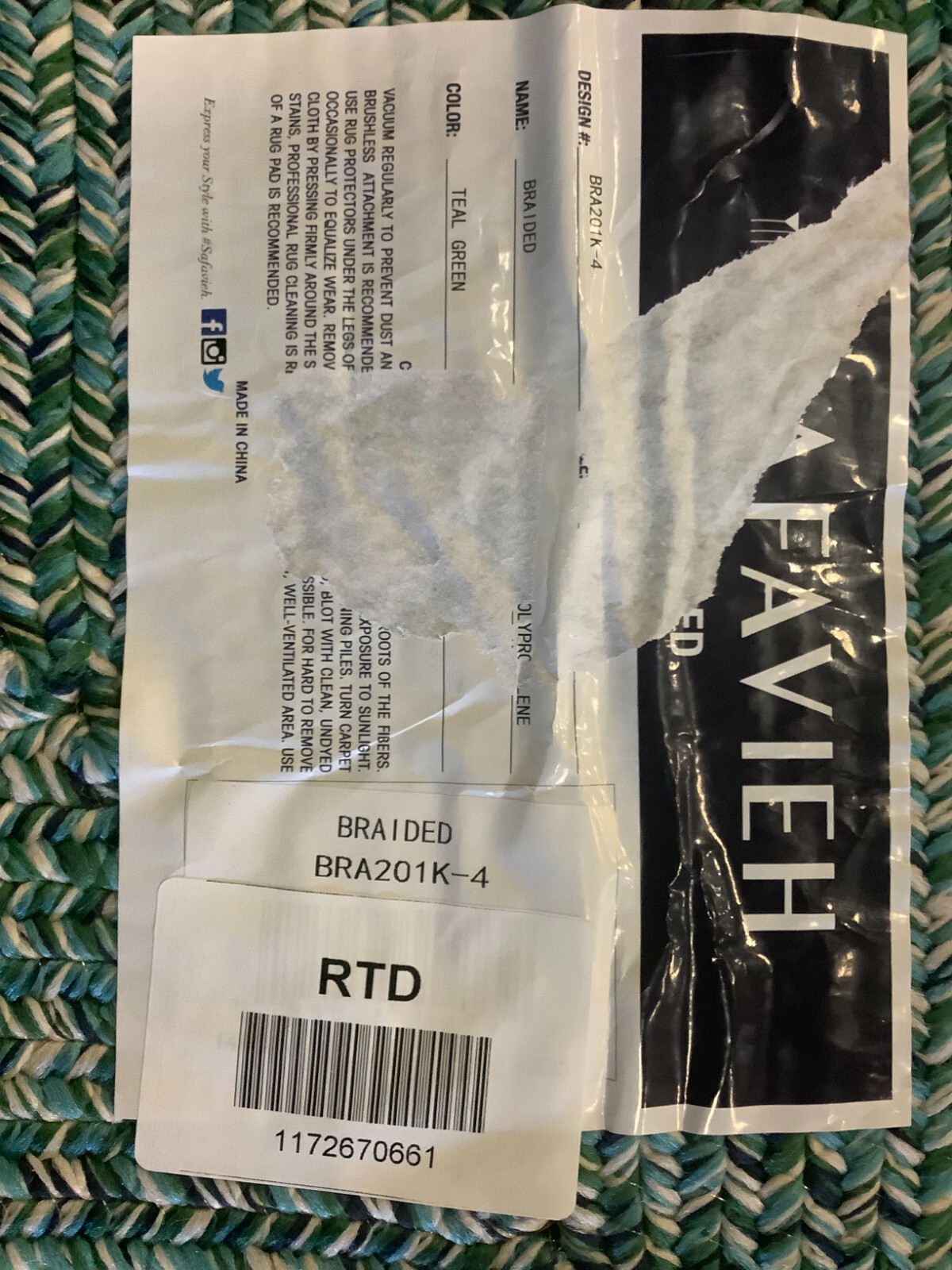 TEAL / GREEN 4′-0″ x 6′-0″ Flaw in Rug, Reduced Price 1172670661 BRA201K-4