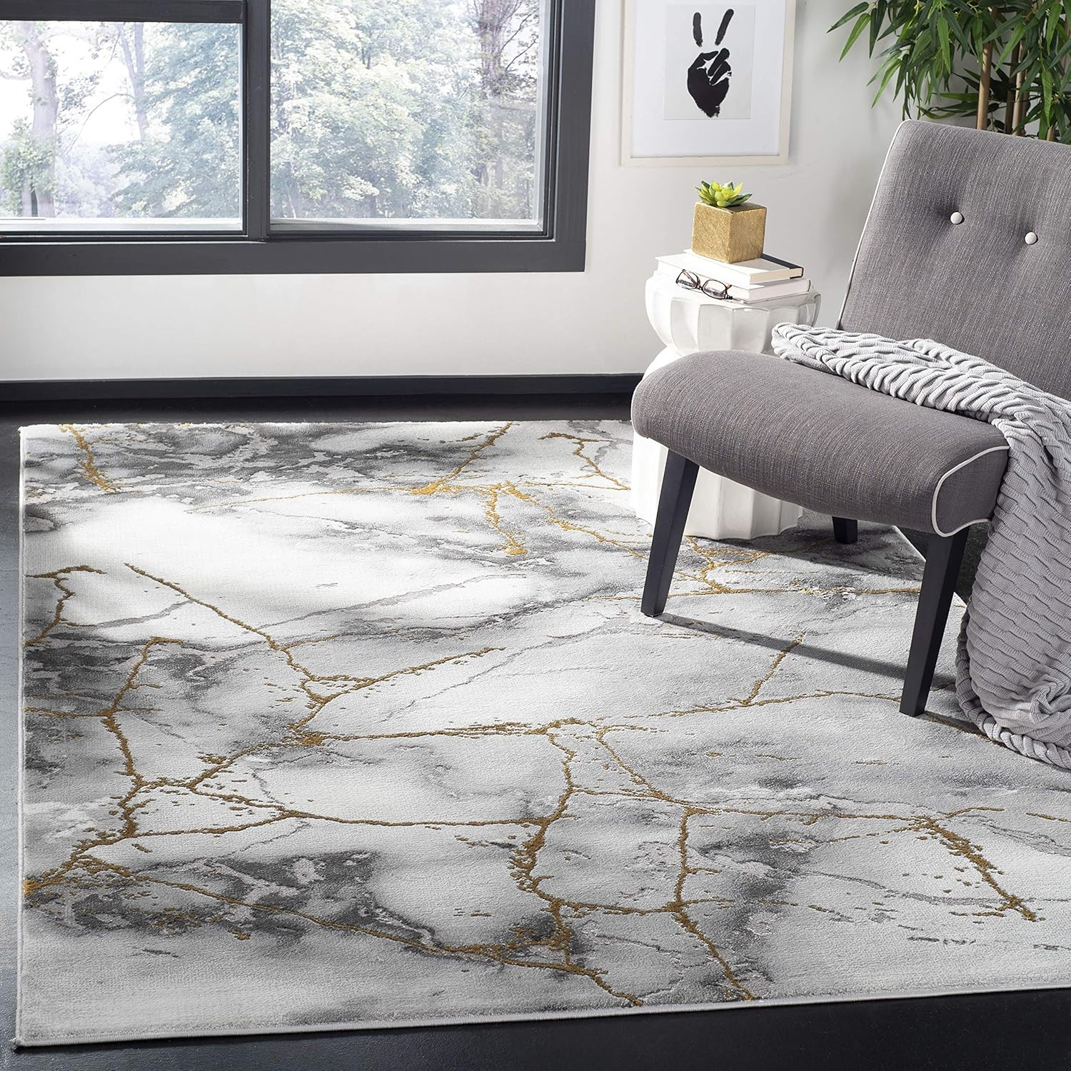 Modern Grey & Gold Abstract Area Rug – 5’3″ Square, Non-Shedding, Easy Care