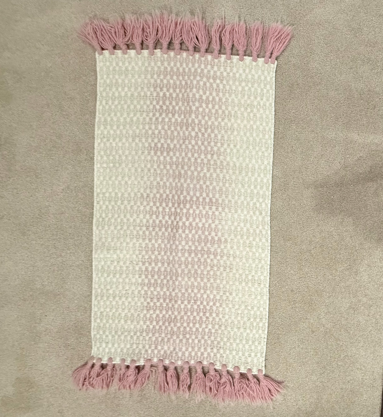 Pink Wool Area Rug Runner 2×4 Handmade Boho Geometric Honeycomb Tassel 24″x53″
