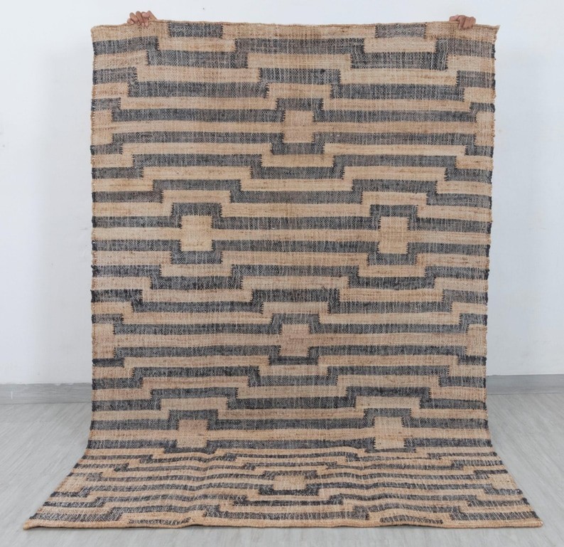 Handmade Checkered Jute Rug, Flatweave Geometric Jute Rug Runner Custom Jute Rug
