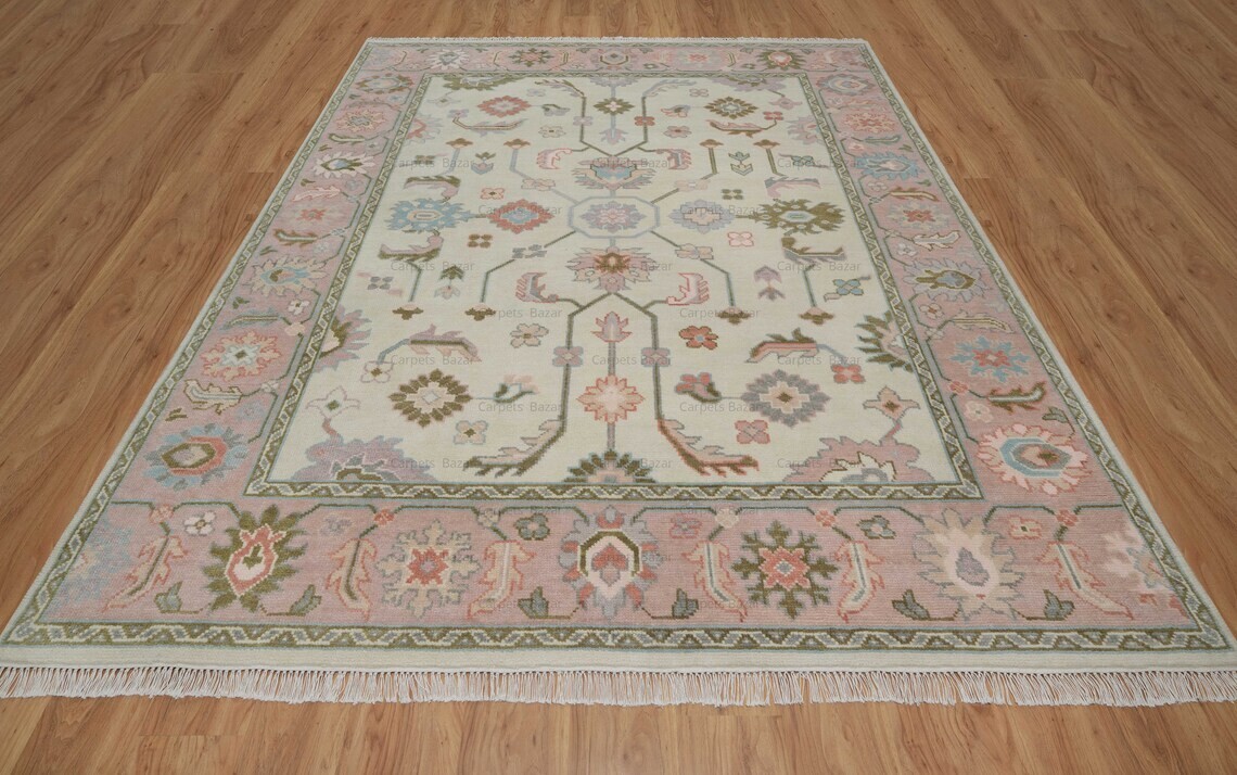 8×10 Oushak Rug Handmade Hand Knotted Wool Area Rug Bisque Ivory with Mauve Pink