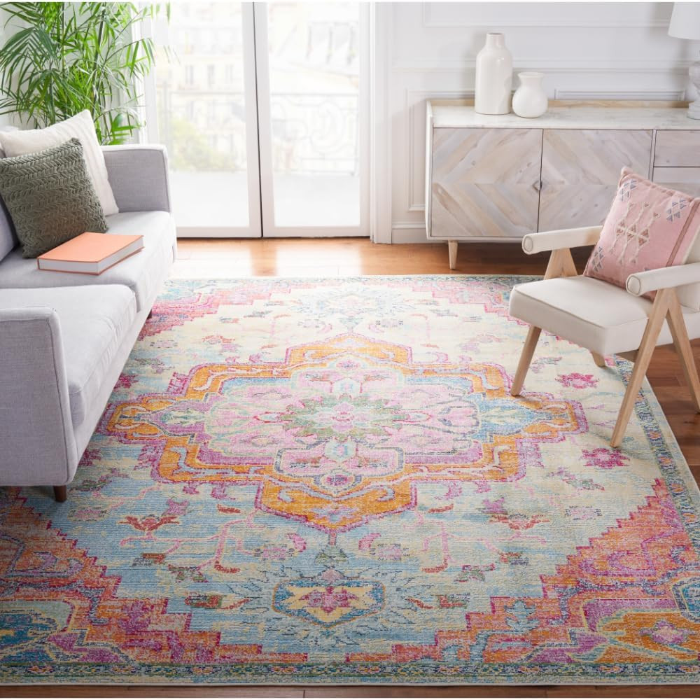 SAFAVIEH Crystal Collection Area Rug – 6’7″ X 9’2″, Light Blue & Fuchsia, Medall