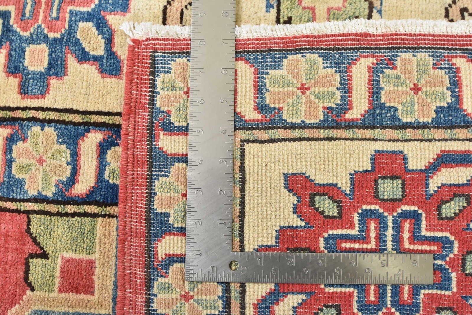 Geometric Kazak Carpet 9′ x 10’11” Red Wool Tribal Hand-Knotted Oriental Rug