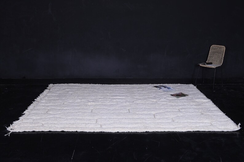 Handmade Moroccan Wool Rug White Berber Beni Ourain Shag Area Rug Boho Carpet