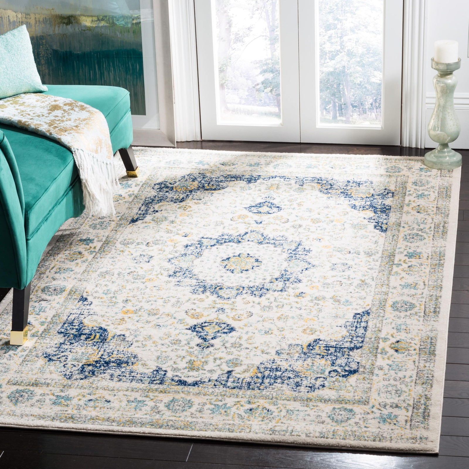 Area Rug 4×6 – Evoke Collection – Ivory & Blue, Shabby Chic Oriental Medallio…
