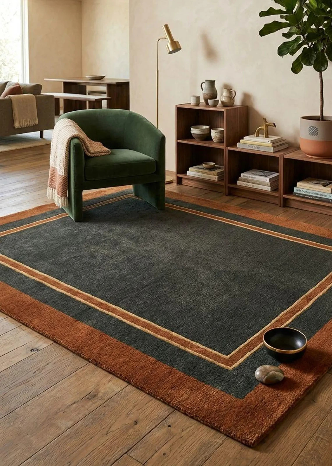 Mid Century Modern Hand Tufted Wool Rug, Charcoal & Rust Border Area Rug Carpet.