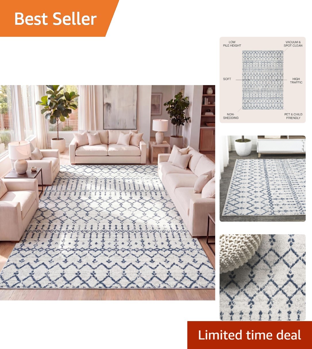 Elegant Moroccan Style Area Rug 5’3” x 7’7” – Easy Clean, Non-Shedding Comfort