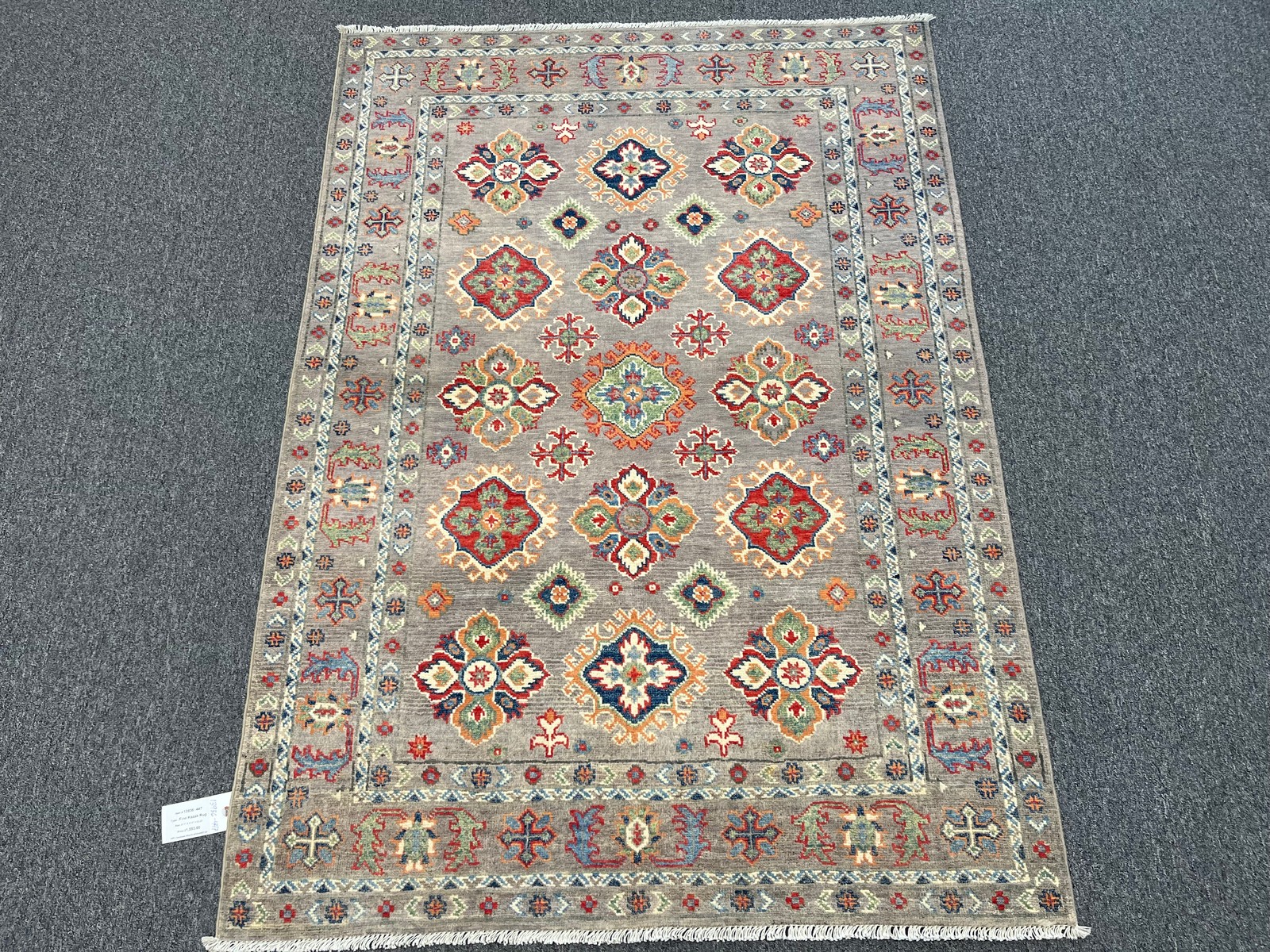 Kazak Gray Geometric 4X6 Handmade Wool Rug # 13936