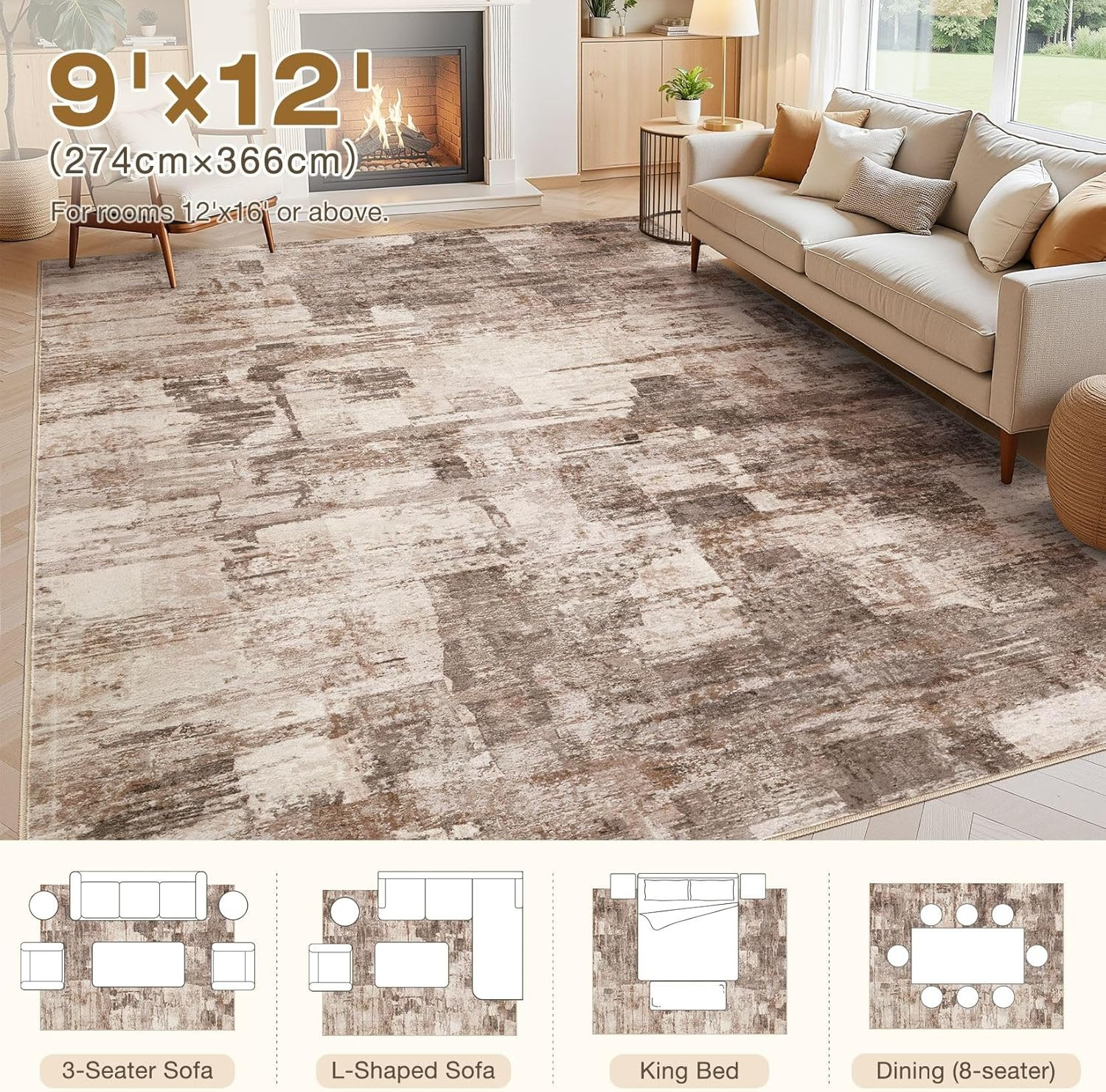 9X12 Washable Area Rug – Abstract Soft Non-Slip Modern Low-Pile Carpet for Livin