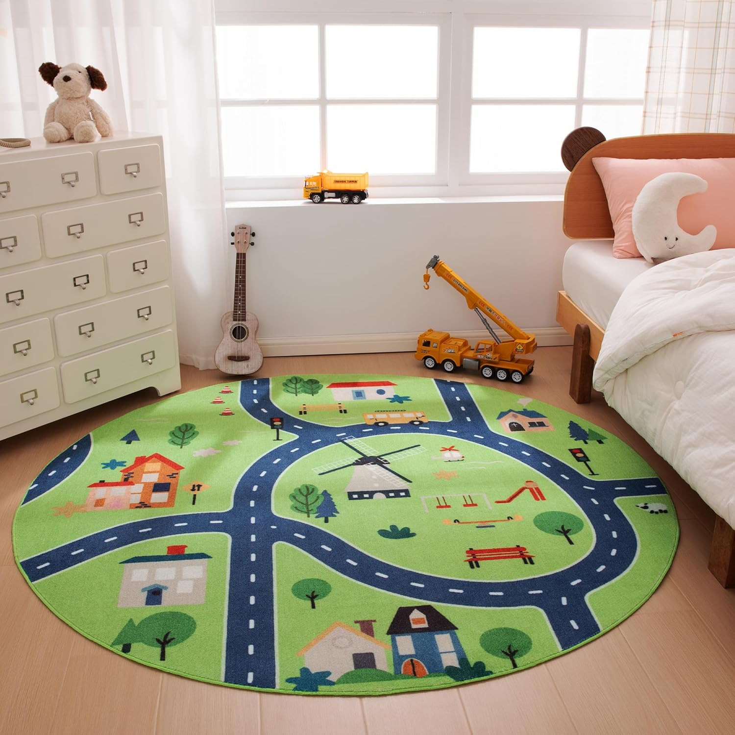 Kids Washable Round Area Rug – City Road Green Play Mat for Any Room