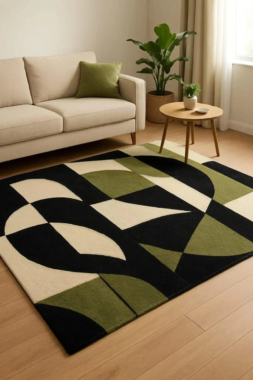 New Hand-Tufted Wool Rug: Modern Geometric Black, Green, and Beige Accent Carpet