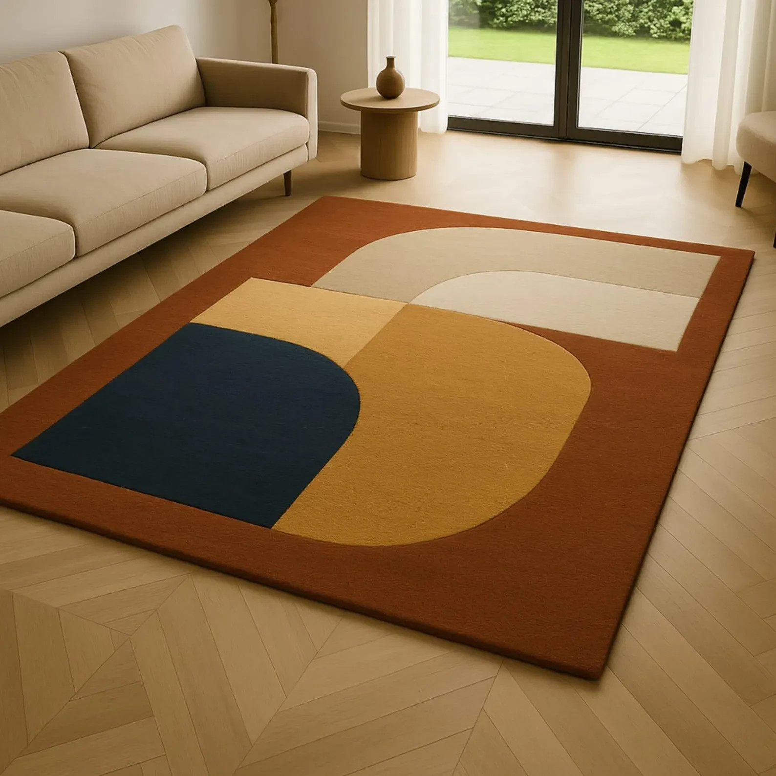 Hand Tufted Wool Area Rug – Abstract Geometric Orange, Yellow, Blue Design Rug