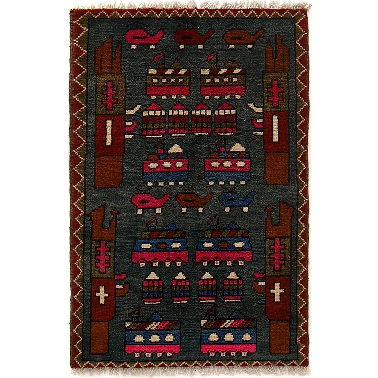 Gray Hand Knotted Weapons Tanks Pictorial War Rug Afghan Rug 1’9 x 2’7 ft G24403