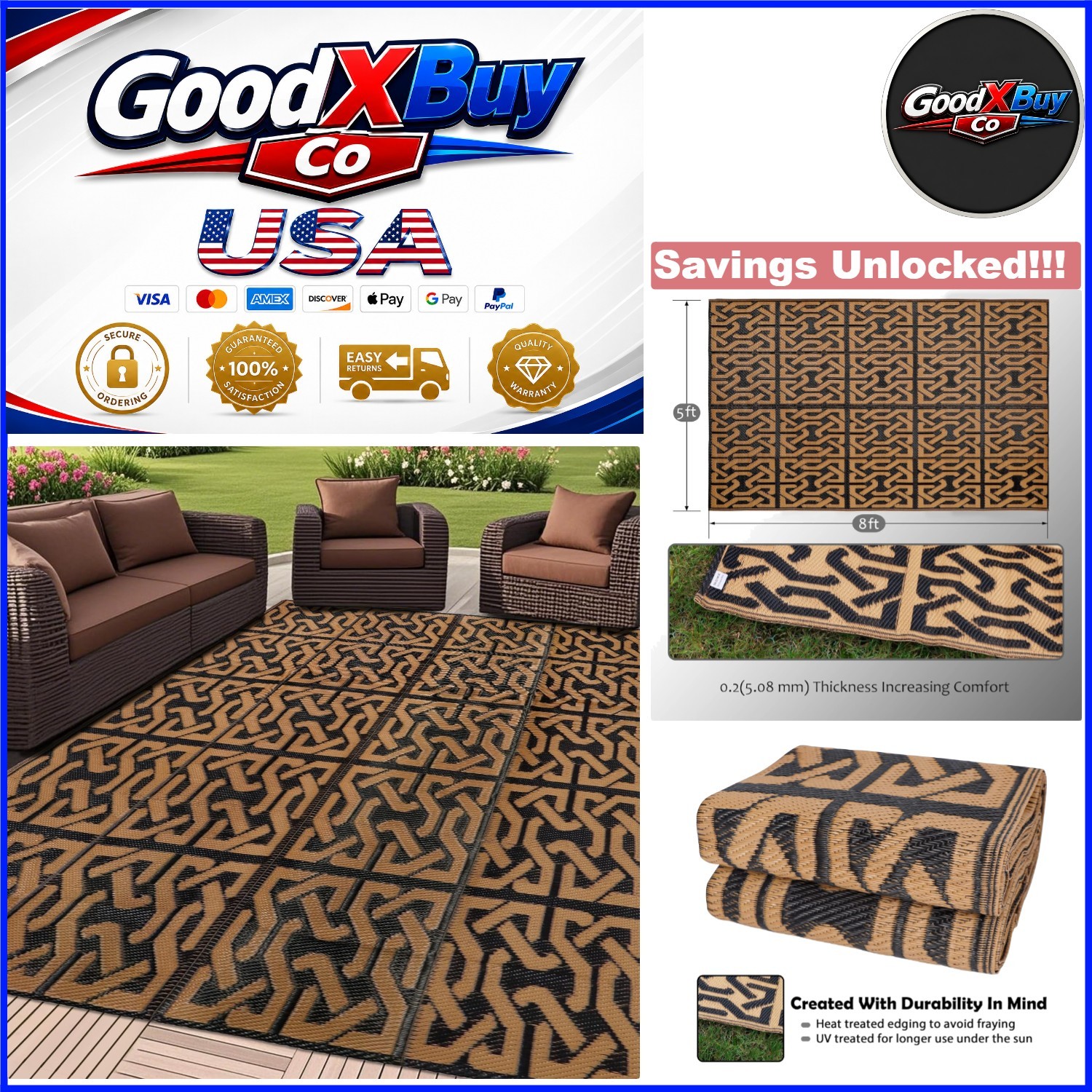 Reversible Plastic Mat 5×8 Outdoor Rug Black Brown Patio Beach RV Deck