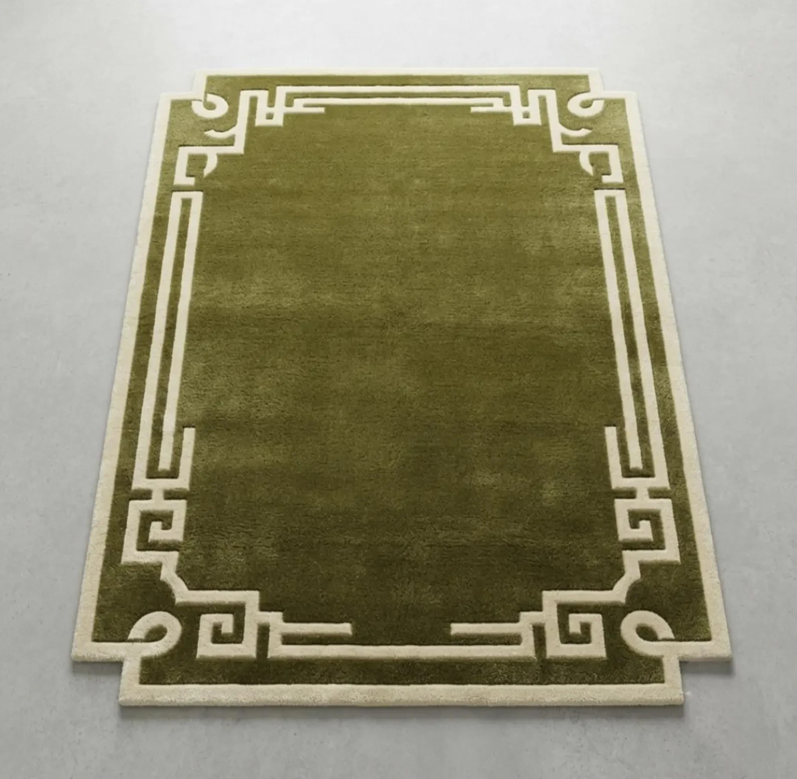 Olive Green Handmade Wool Rug Modern Greek Key Border Rug Luxury Hand Tufted Are