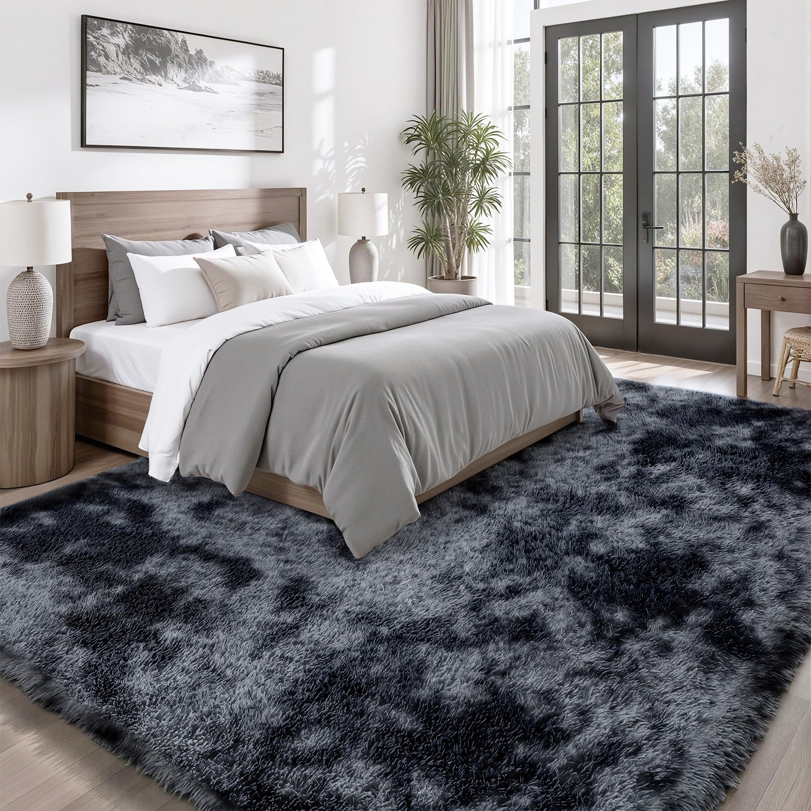 8×10 Area Rugs for Living Room Bedroom: Black Grey Soft Fluffy Shag Upgrade N
