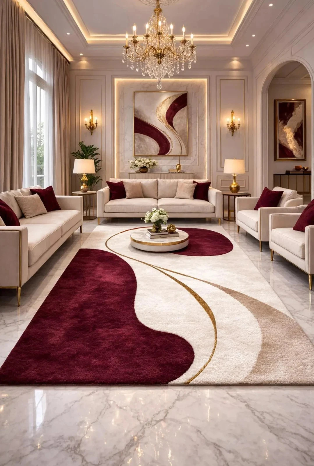 Burgundy Abstract Area Rug – Modern Cream Wine Red Gold Designer Carpet