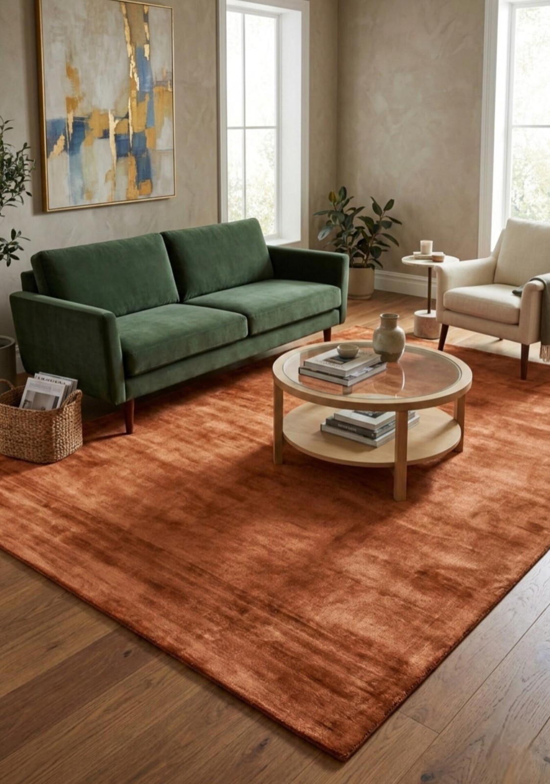Rust Orange Viscose Silk Rug, Solid Burnt Orange Area Rug, Handmade 8×10