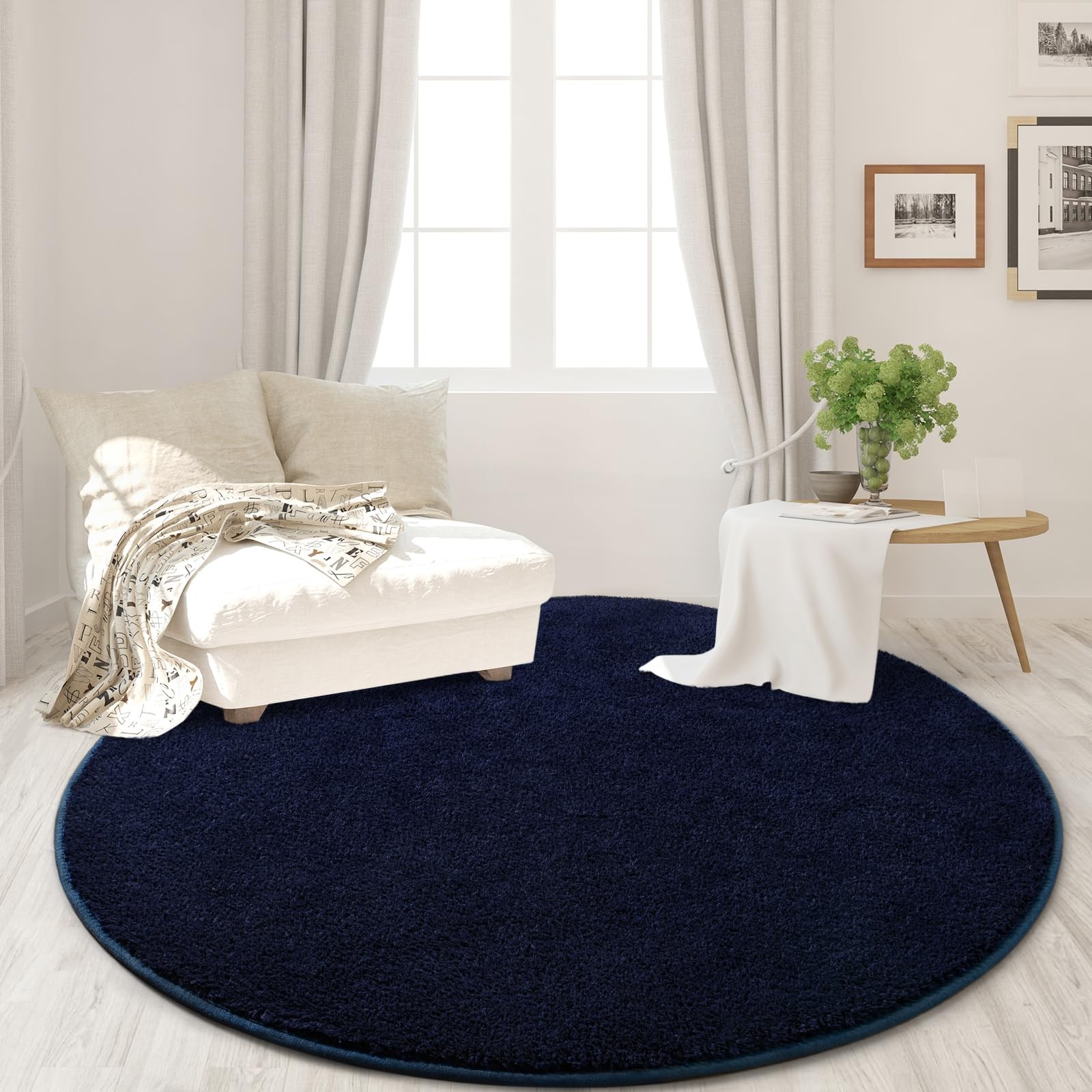 Round Area Rugs for Bedroom Living Room, 4×4 Navy Blue Super Soft Comfy Thick…