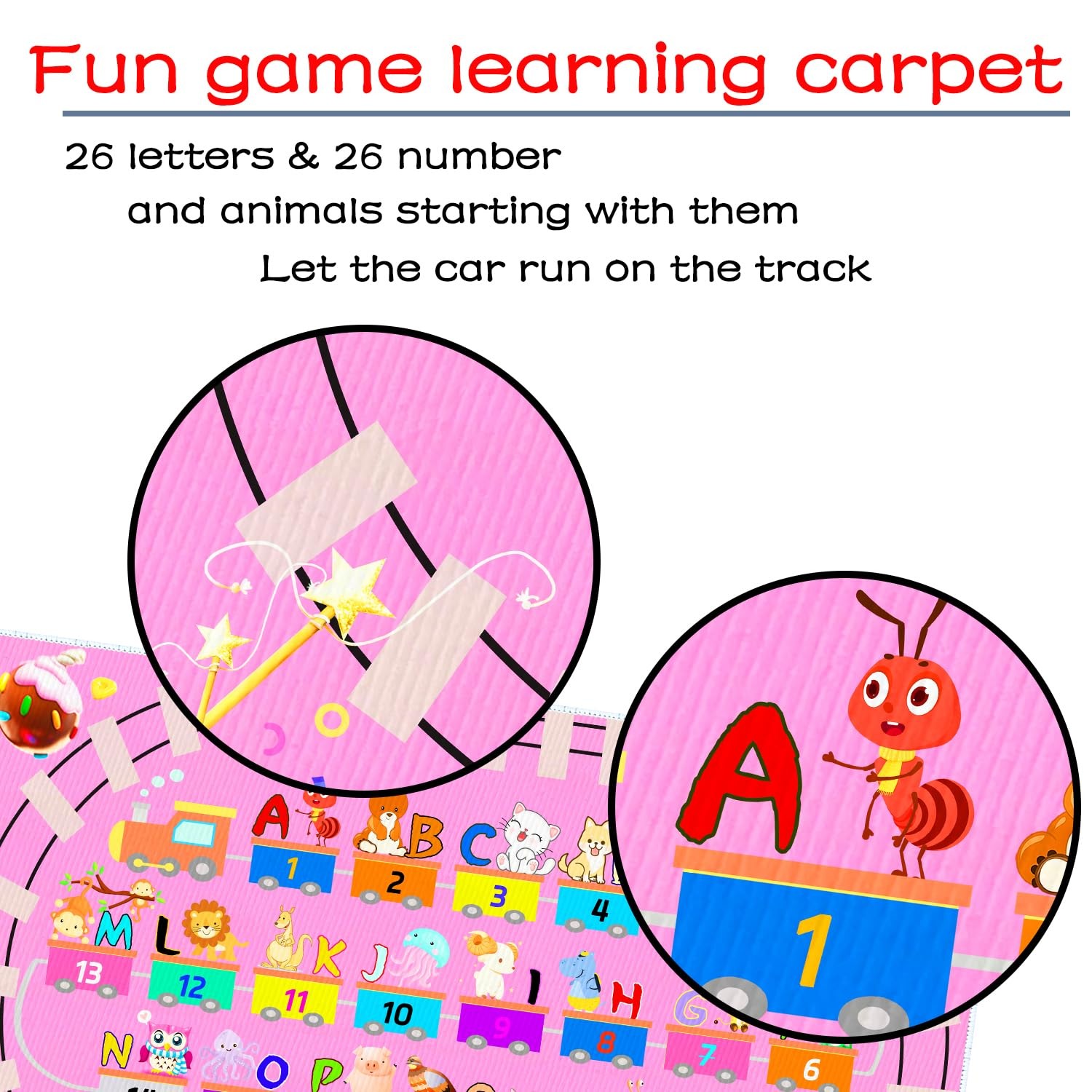 Kids ABC Pink Play Rug, Girl Alphabet Rugs with Numbers Animal Train and Road…
