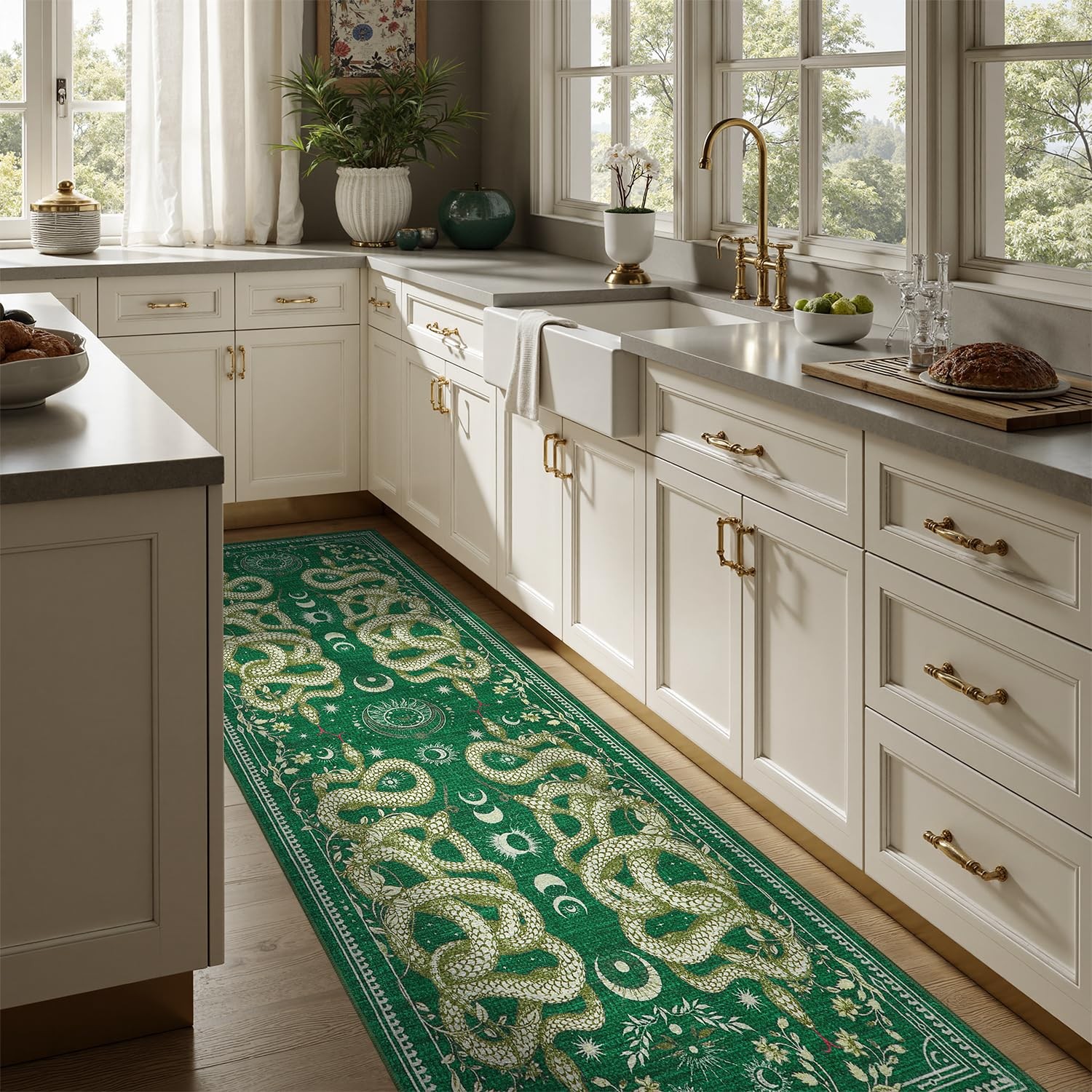 Washable 2×6 Snake Runner Rug, Green Gothic Rug for Living Room, Soft Low Pil…