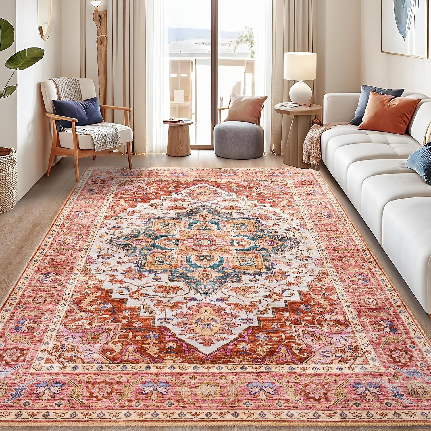 6X9 Area Rugs for Living Room, Machine Washable Vintage Rug, Non-Slip Low Pile T