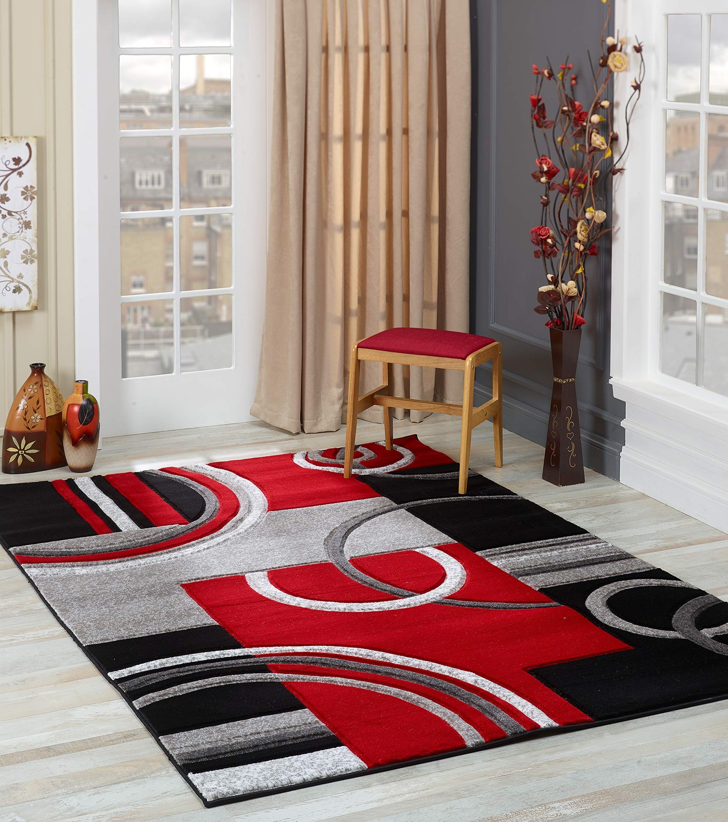 Modern 5×7 Red Area Rug – Soft Hand-Carved Contemporary Carpet for Home
